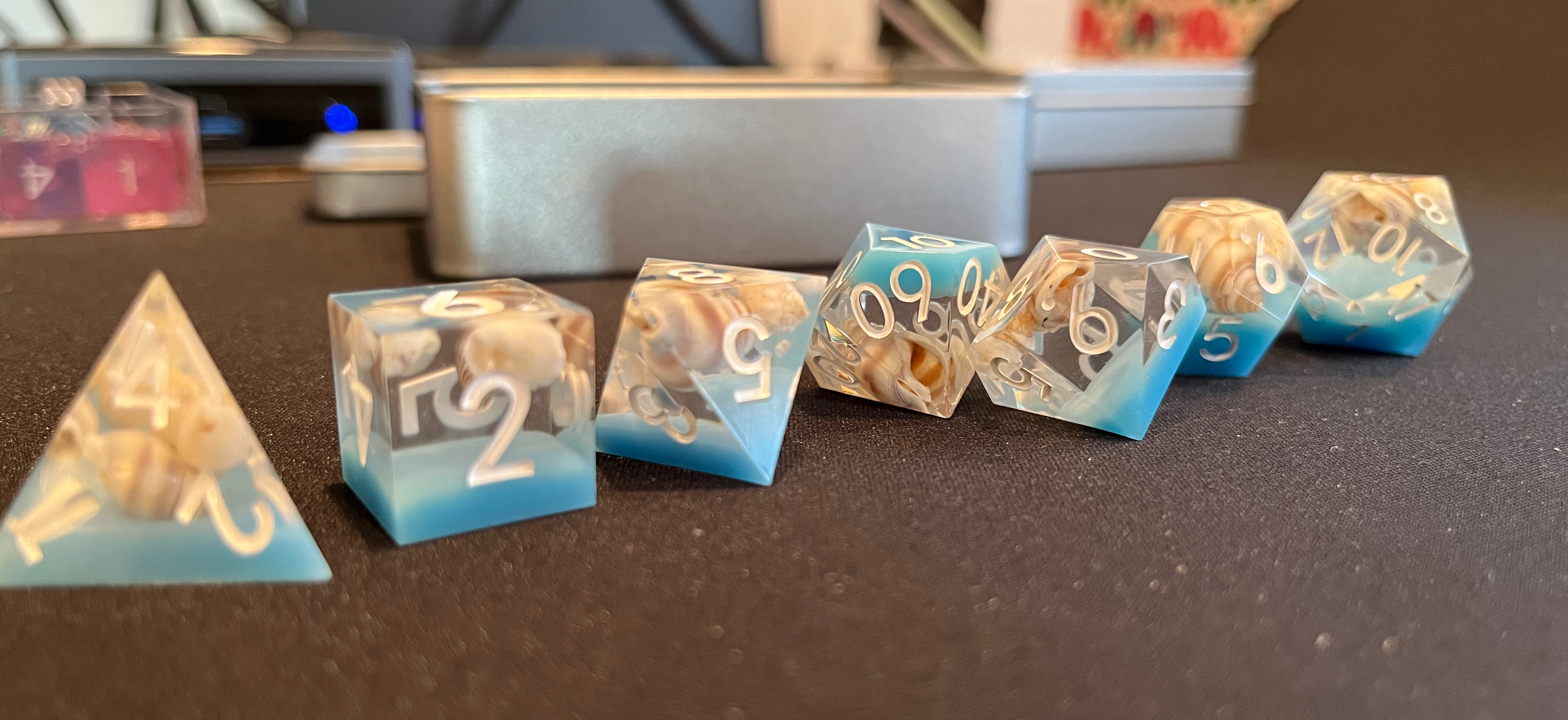 The same resin dice as before, from the front instead of above.